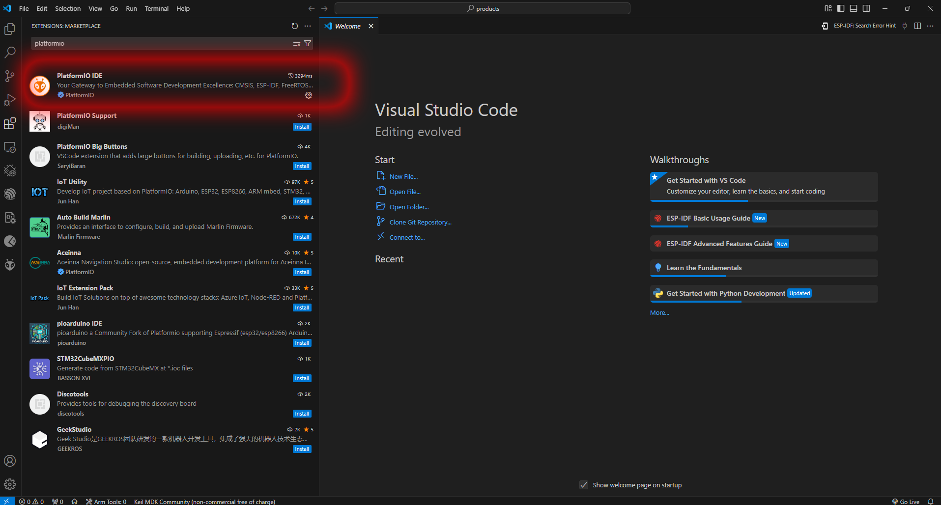نصب افزونه PlatformIO IDE